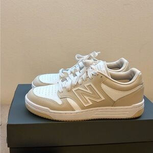 New Balance White and Tan Kids Sneakers